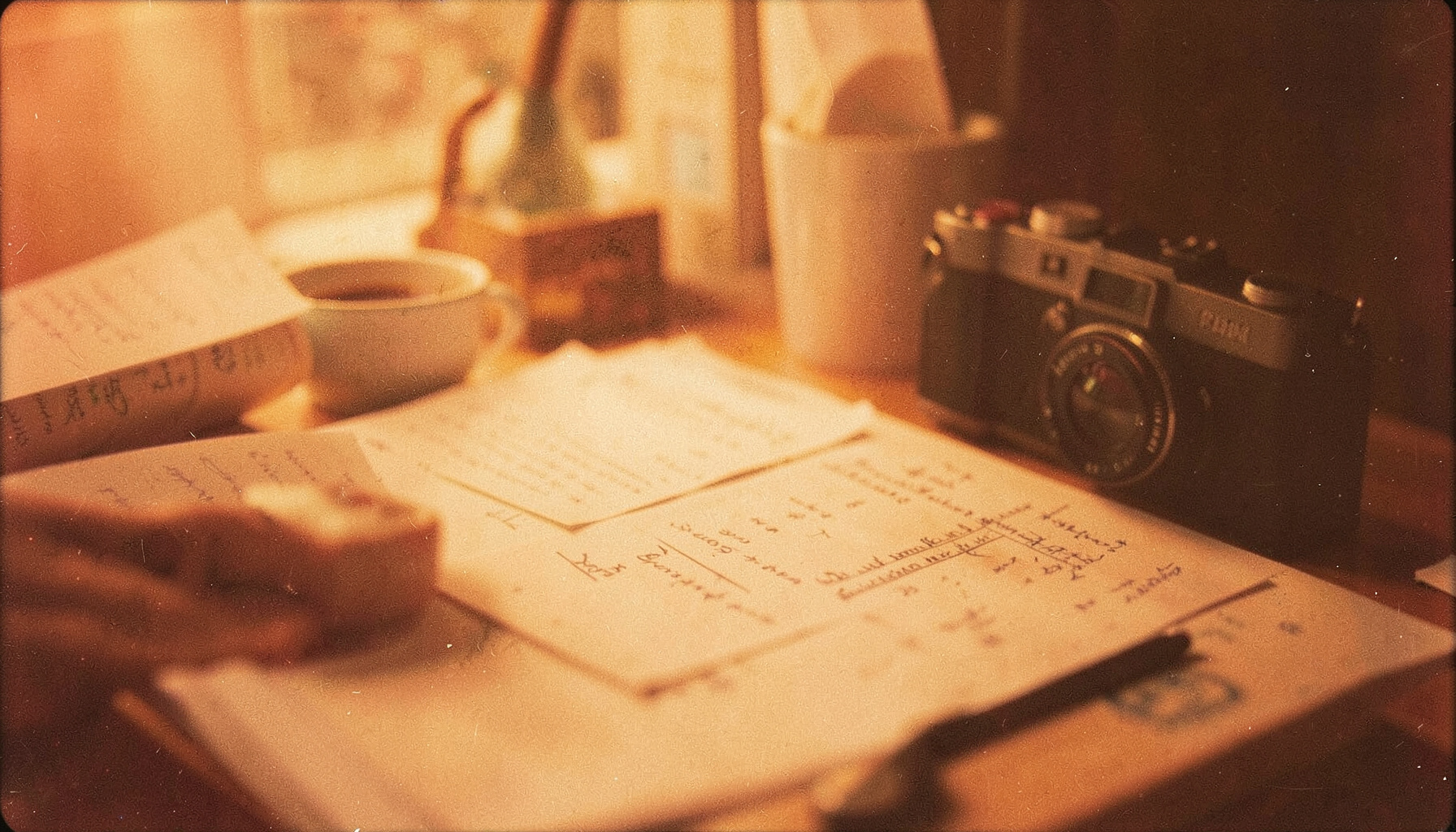 Warm amber-toned analog film photograph of a softly lit workspace with papers, a coffee cup, and a vintage camera, visible grain